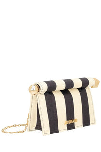 Jacquemus women’s clutch bag rond carré small beige in black and cream stripes with gold-tone hardware