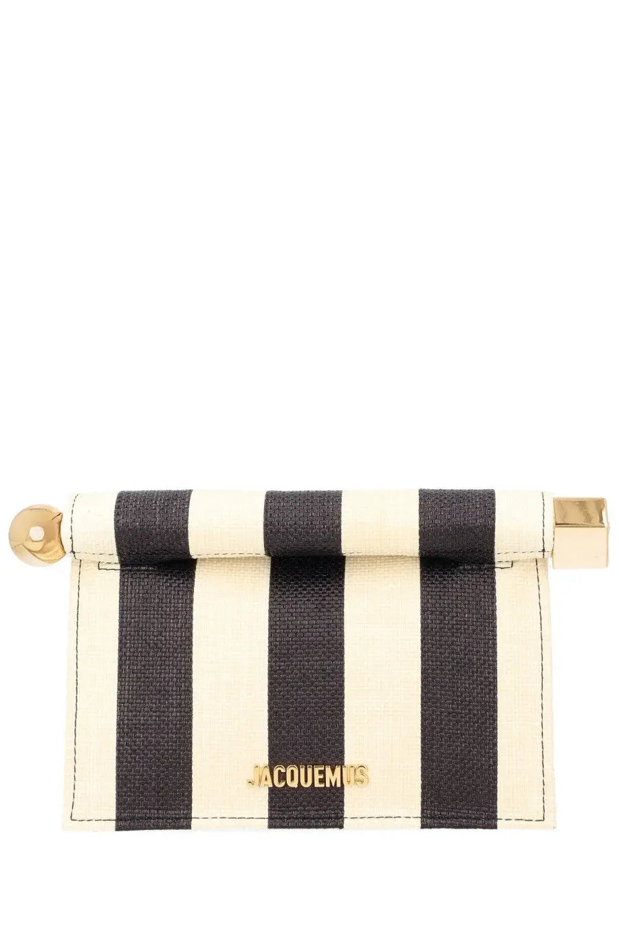 Jacquemus women’s clutch bag rond carré small beige with black and cream striped jacquemus card holder and gold hardware