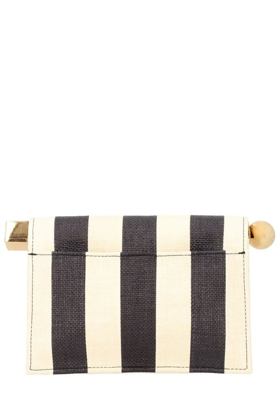 Jacquemus women’s compact beige clutch bag rond carré small with bold black and cream striped textured fabric and gold hardware