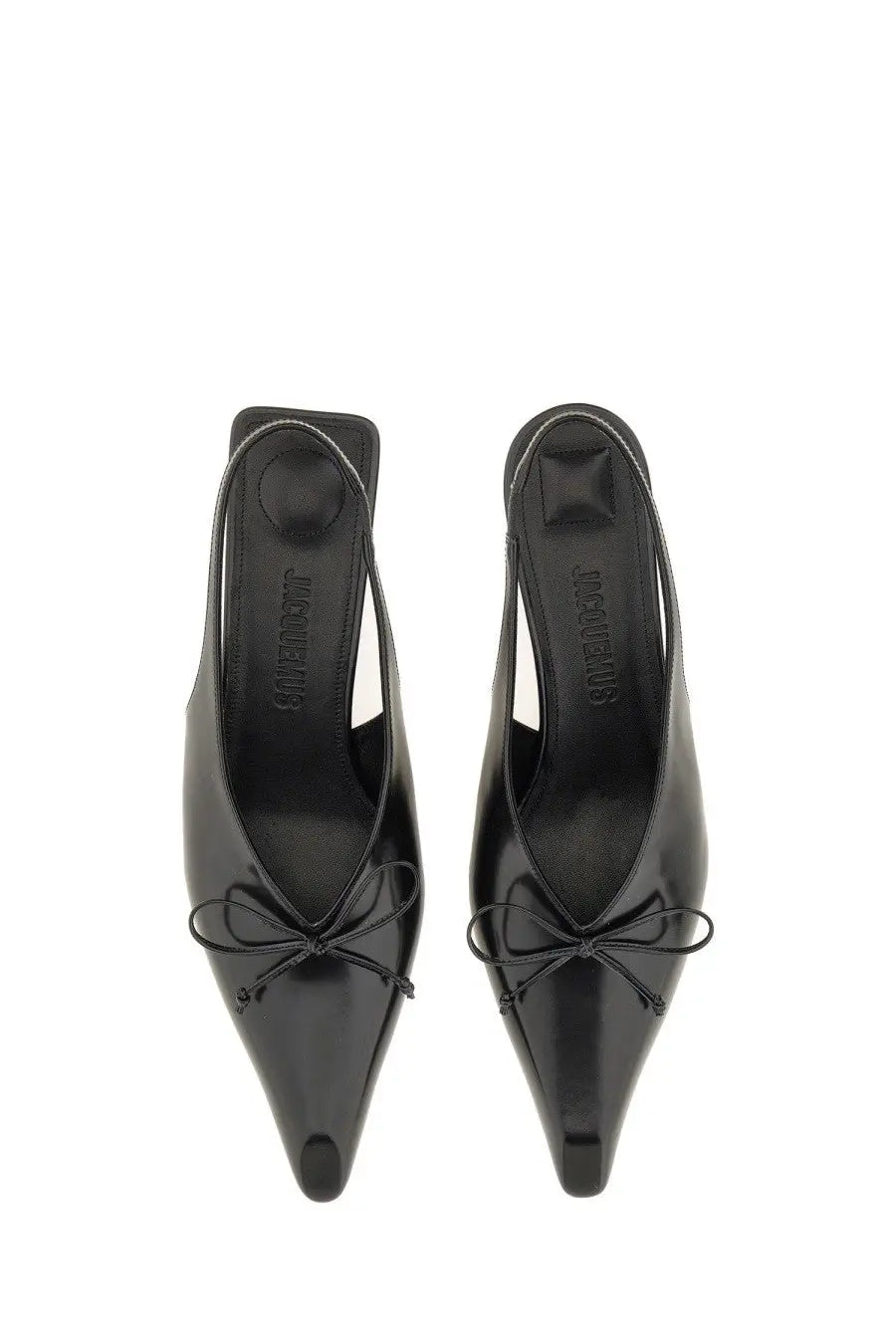 Black patent leather jacquemus the cubisto slingbacks with pointed toe and small bow at the front