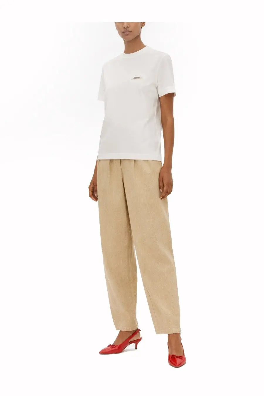 Jacquemus women’s white cotton grosgrain short sleeve t-shirt with a small minimalist logo on the left chest