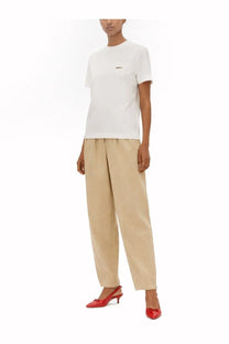 Jacquemus women’s white cotton grosgrain short sleeve t-shirt with a small minimalist logo on the left chest