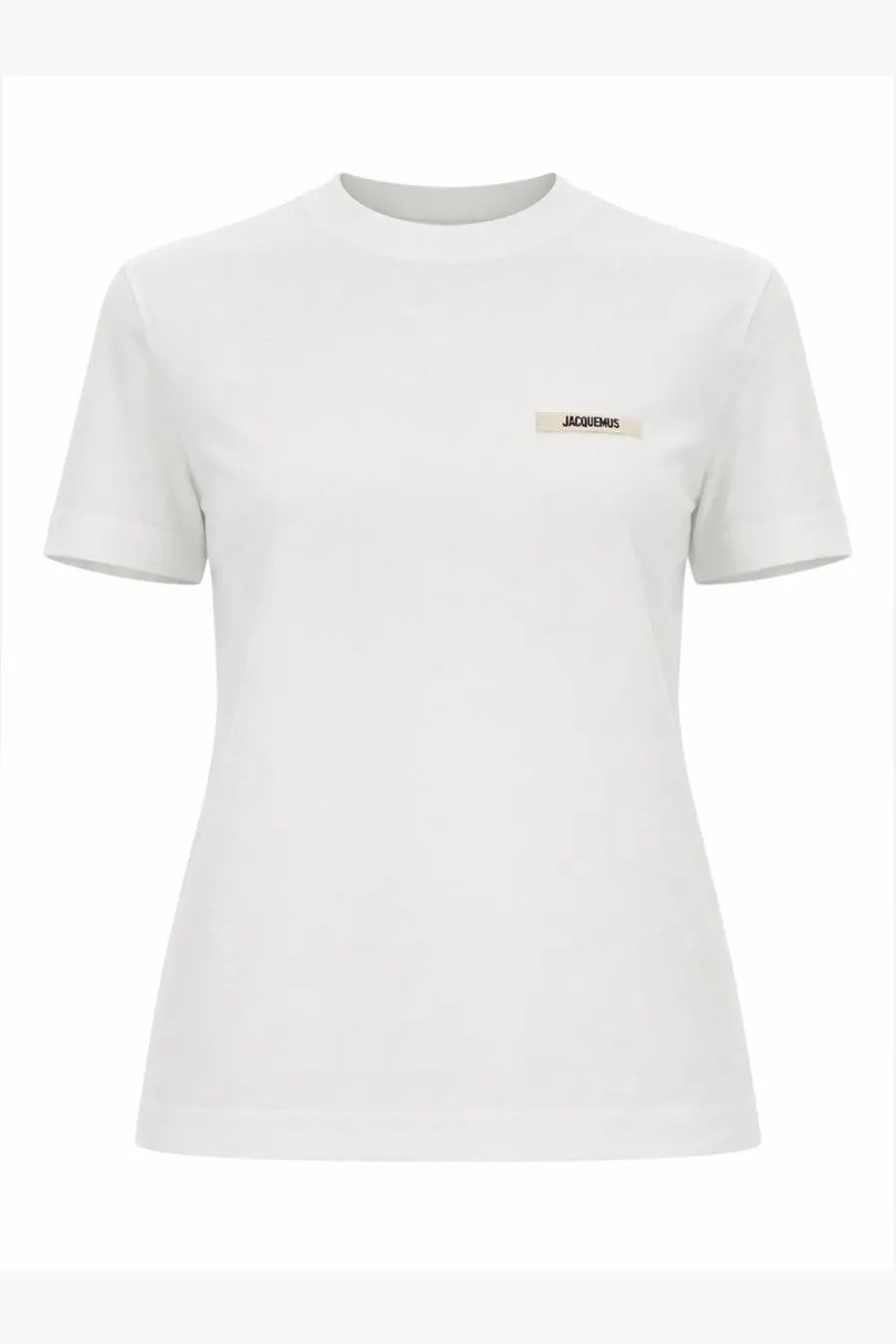 White cotton jacquemus women’s grosgrain short sleeve t-shirt with minimalist logo patch on left chest