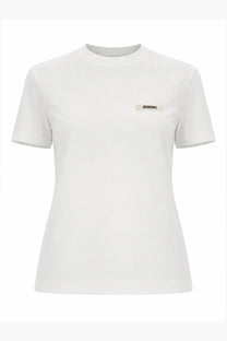 White cotton jacquemus women’s grosgrain short sleeve t-shirt with minimalist logo patch on left chest