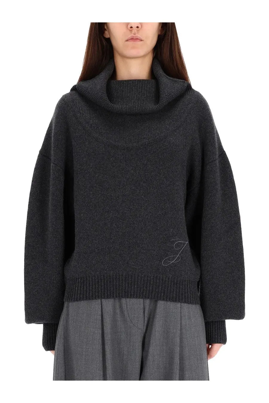 JACQUEMUS women’s dark gray cowl-neck knit sweater with subtle embroidered logo on lower left side in jersey ball grey