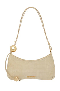 Jacquemus women’s la borsa bisou perle beige cream crocodile embossed leather shoulder bag with gold circular toggle closure