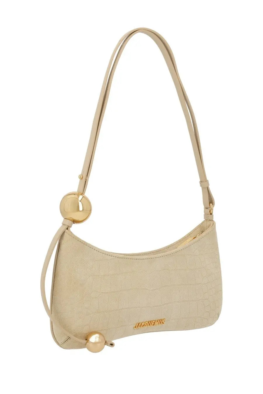 Jacquemus women’s la borsa bisou perle beige shoulder bag in beige crocodile-textured leather with gold-tone spherical hardware
