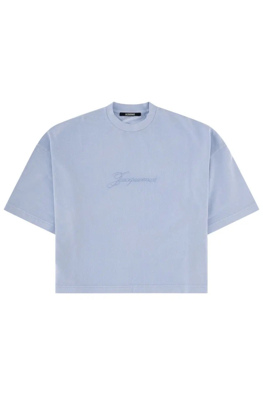 Jacquemus women’s light blue cropped t-shirt with subtle embroidered logo across the chest in pigmento blue