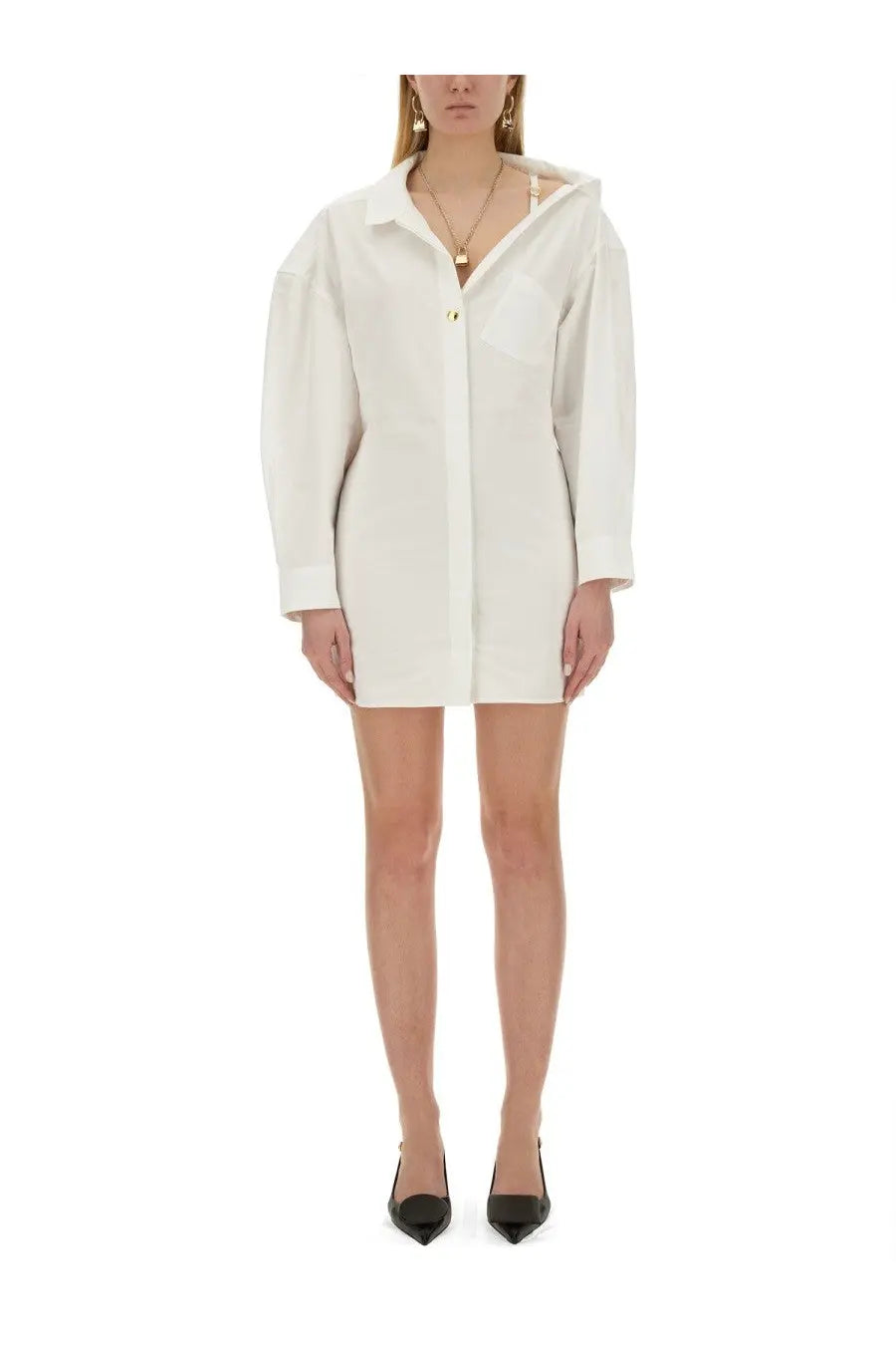 Jacquemus white oversized button-up mini dress made from lightweight fabric perfect for casual wear