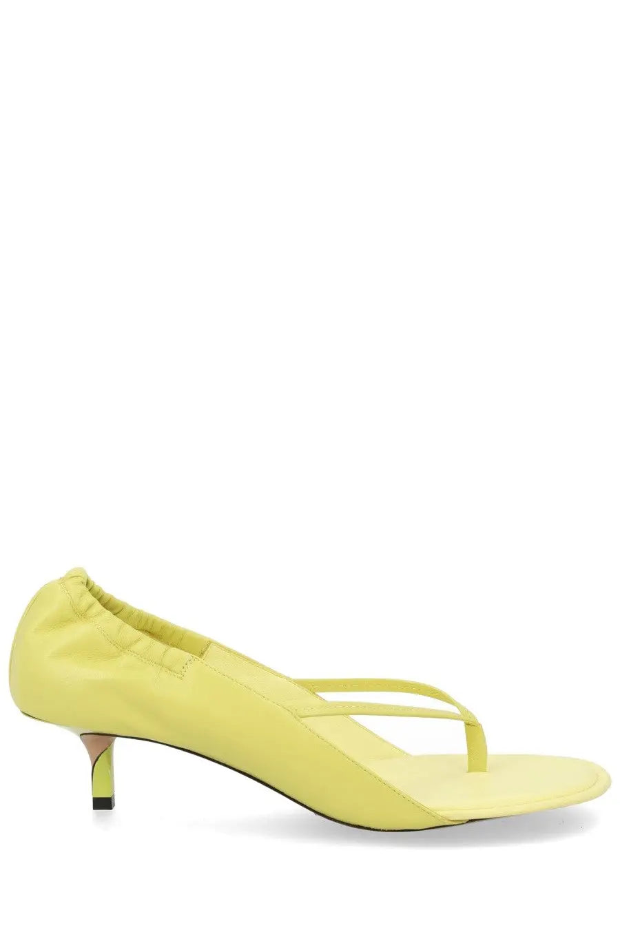 Jacquemus women’s pale yellow satin thong sandal with slender heel and elasticized ankle opening