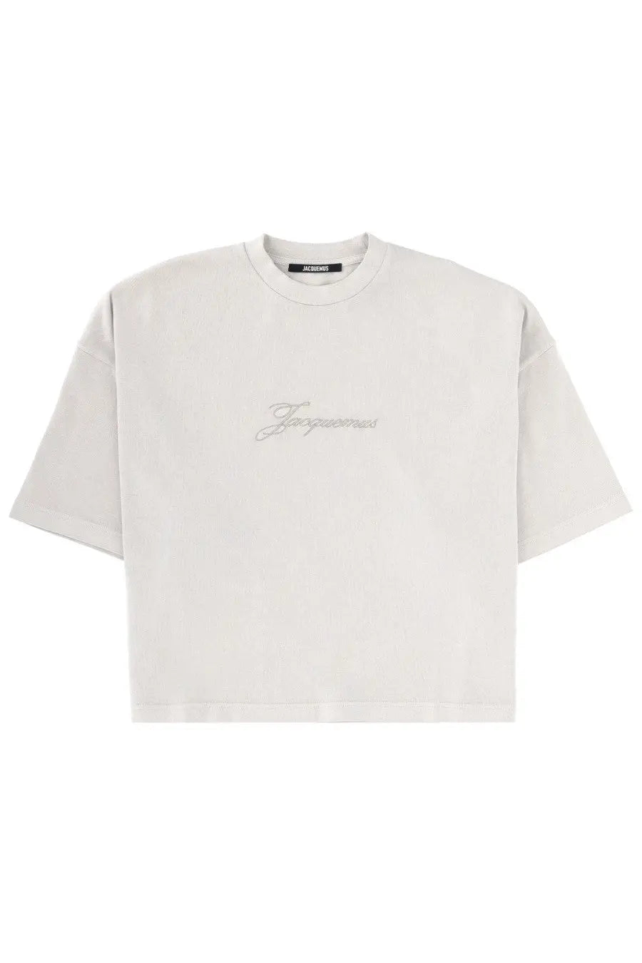 Jacquemus women’s the shirt white off-white cropped t-shirt with subtle silver cursive logo embroidered on chest