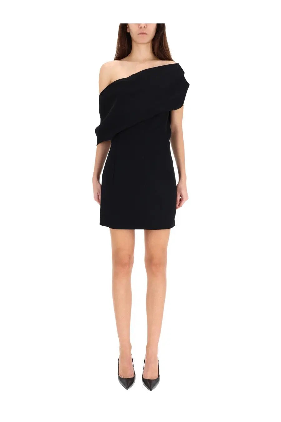 Jacquemus women’s black off-the-shoulder mini dress with draped asymmetrical design and short fish silhouette