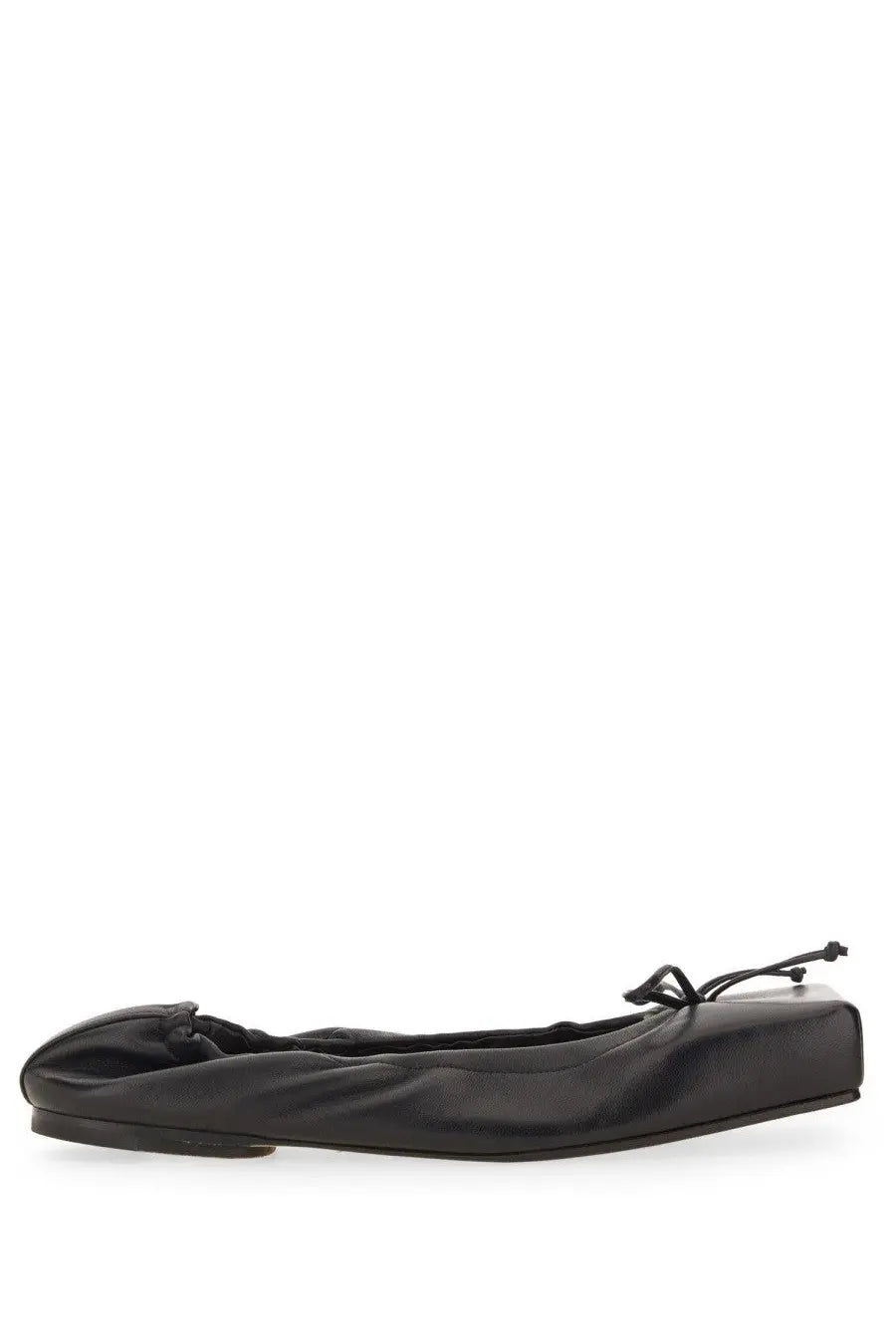 Jacquemus women’s square dancer black leather ballet flat with tied bow at the toe visible from the front