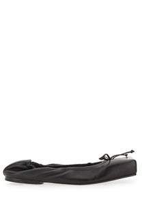 Jacquemus women’s square dancer black leather ballet flat with tied bow at the toe visible from the front