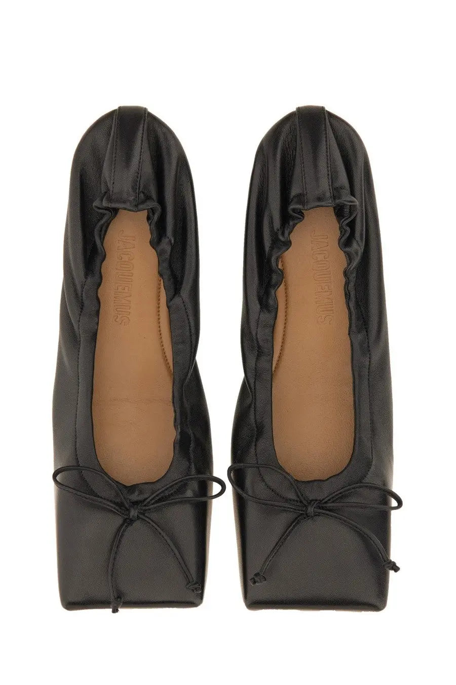 Jacquemus women’s square dancer black patent leather ballet flats with square toe and tied bow detail
