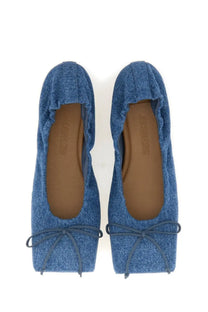 Jacquemus women’s square dancer blue denim ballet flats with square toe and matching fabric bow at front