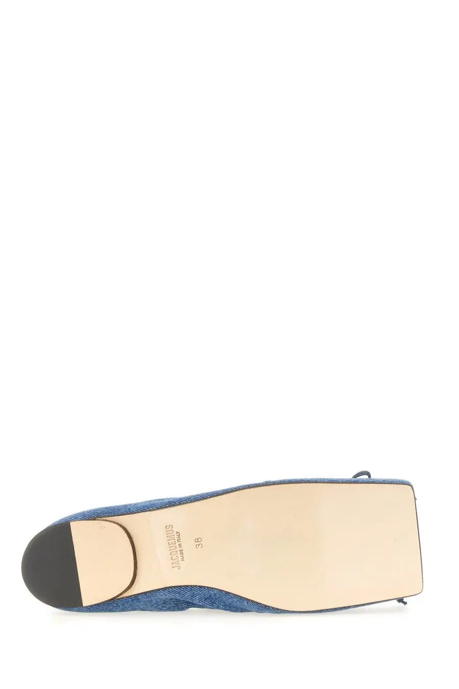 Jacquemus women’s square dancer blue flat shoe in blue denim with black rubber heel and beige insole