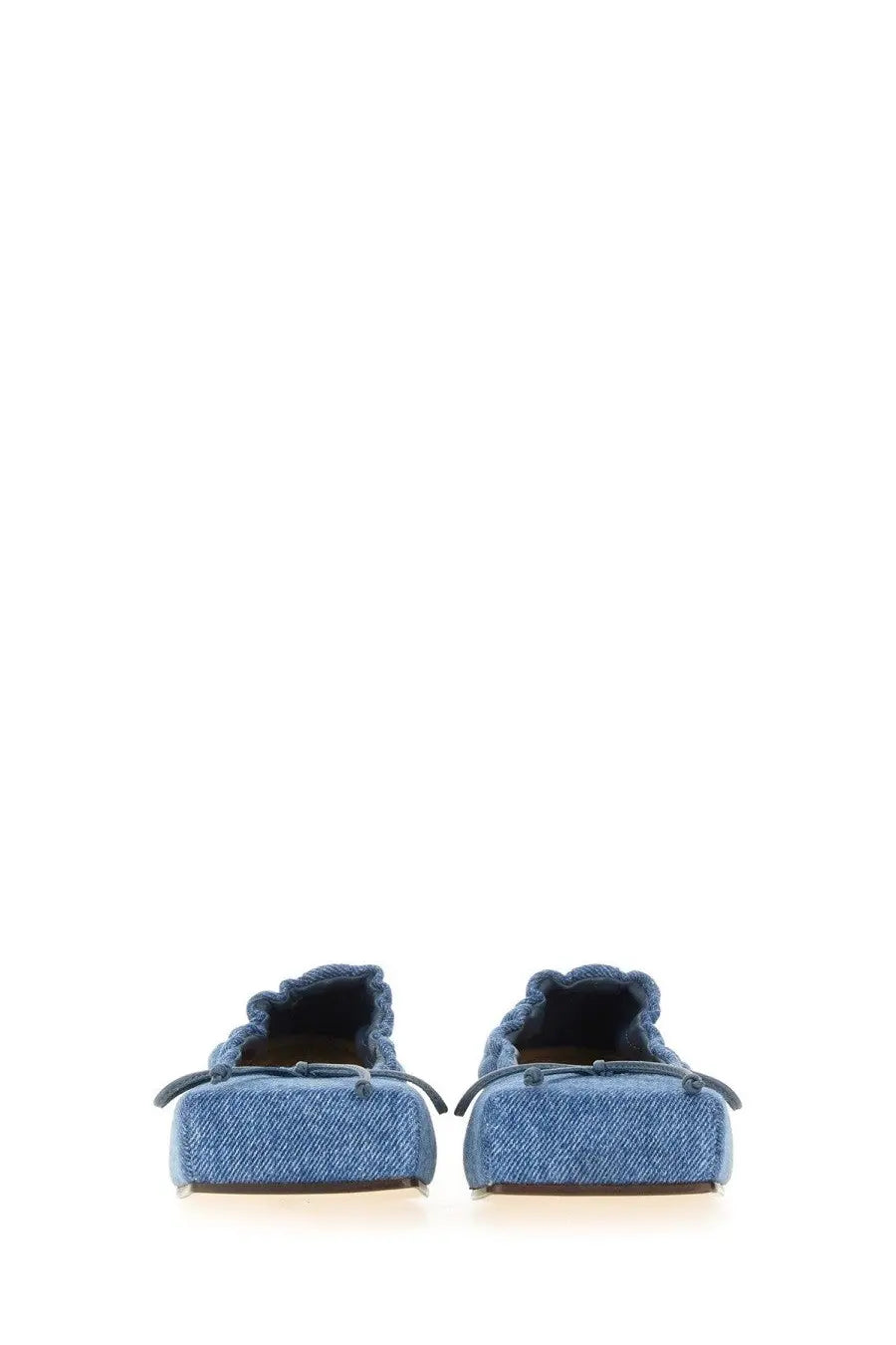 Jacquemus women’s square dancer blue denim loafers with flat chunky sole and frayed detailing at the top