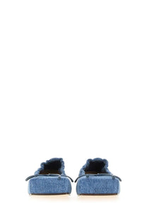 Jacquemus women’s square dancer blue denim loafers with flat chunky sole and frayed detailing at the top