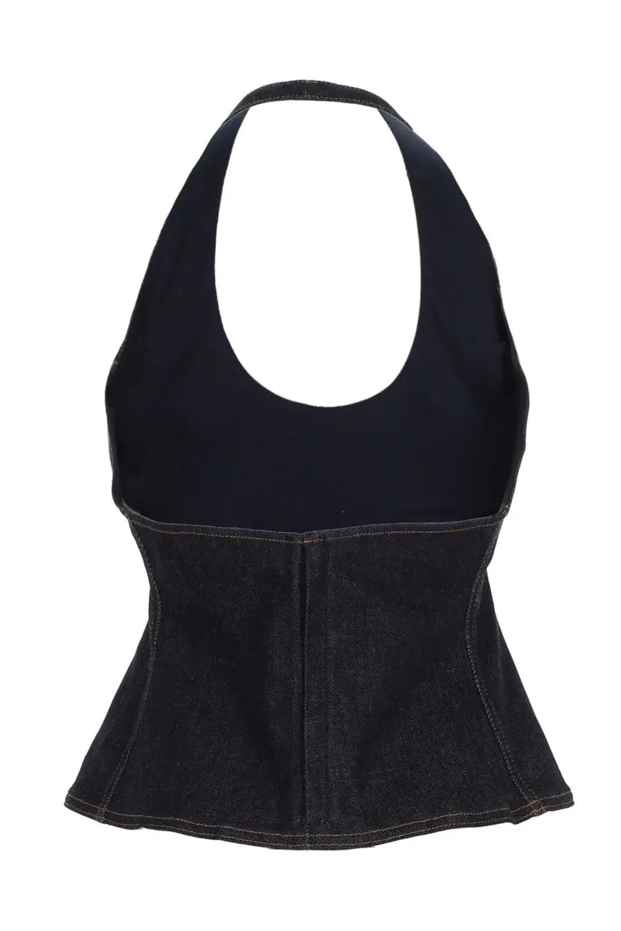 Jacquemus women’s black denim halter top with fitted corset waist and rounded neckline in denim blue