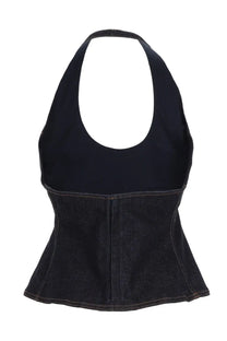 Jacquemus women’s black denim halter top with fitted corset waist and rounded neckline in denim blue