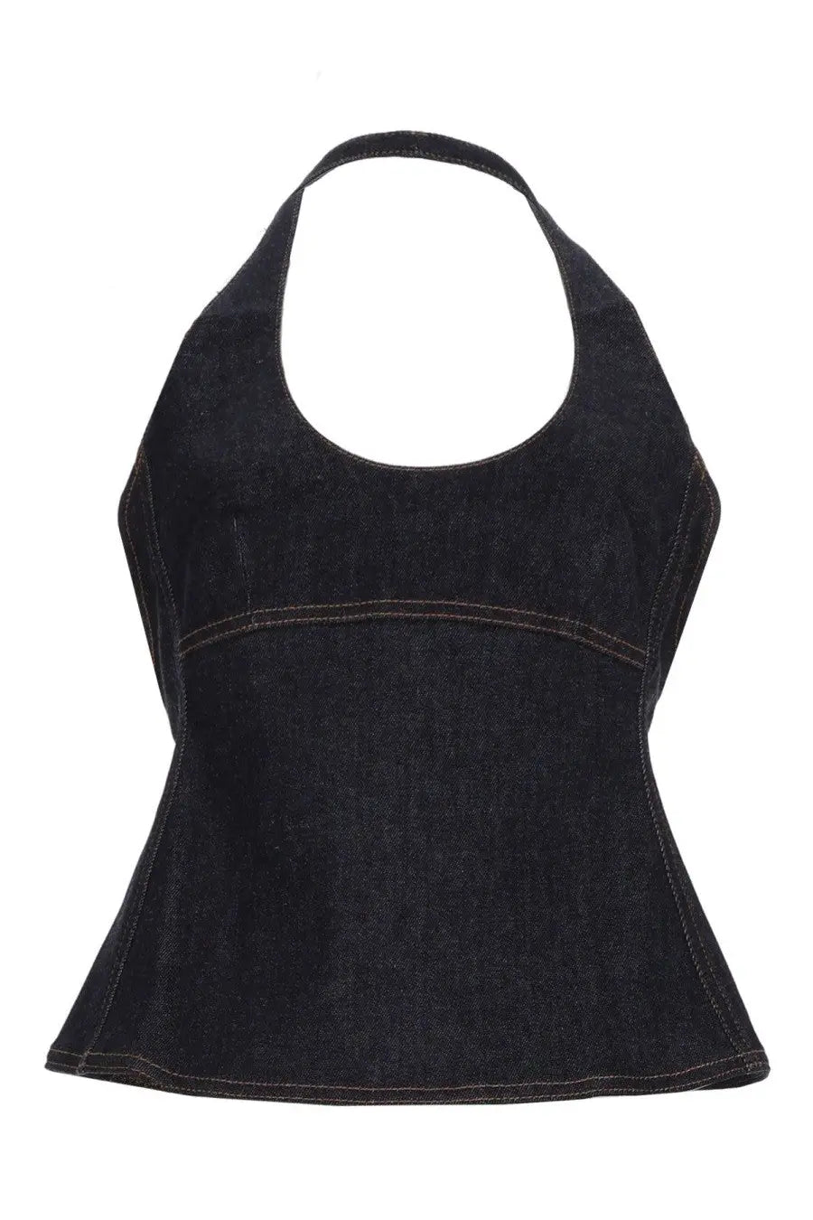 Jacquemus women’s denim blue halter top with peplum hem and contrasting stitching in black denim material