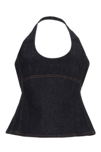 Jacquemus women’s denim blue halter top with peplum hem and contrasting stitching in black denim material