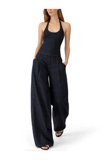 Jacquemus women’s dark blue denim halter jumpsuit with fitted bodice and wide-leg pants in denim blue