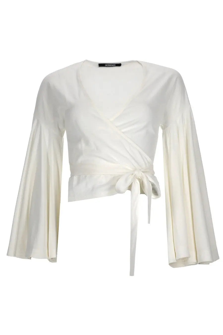 Jacquemus women’s white satin wrap top with long bell sleeves and tied waistband le cache coeur ventadou