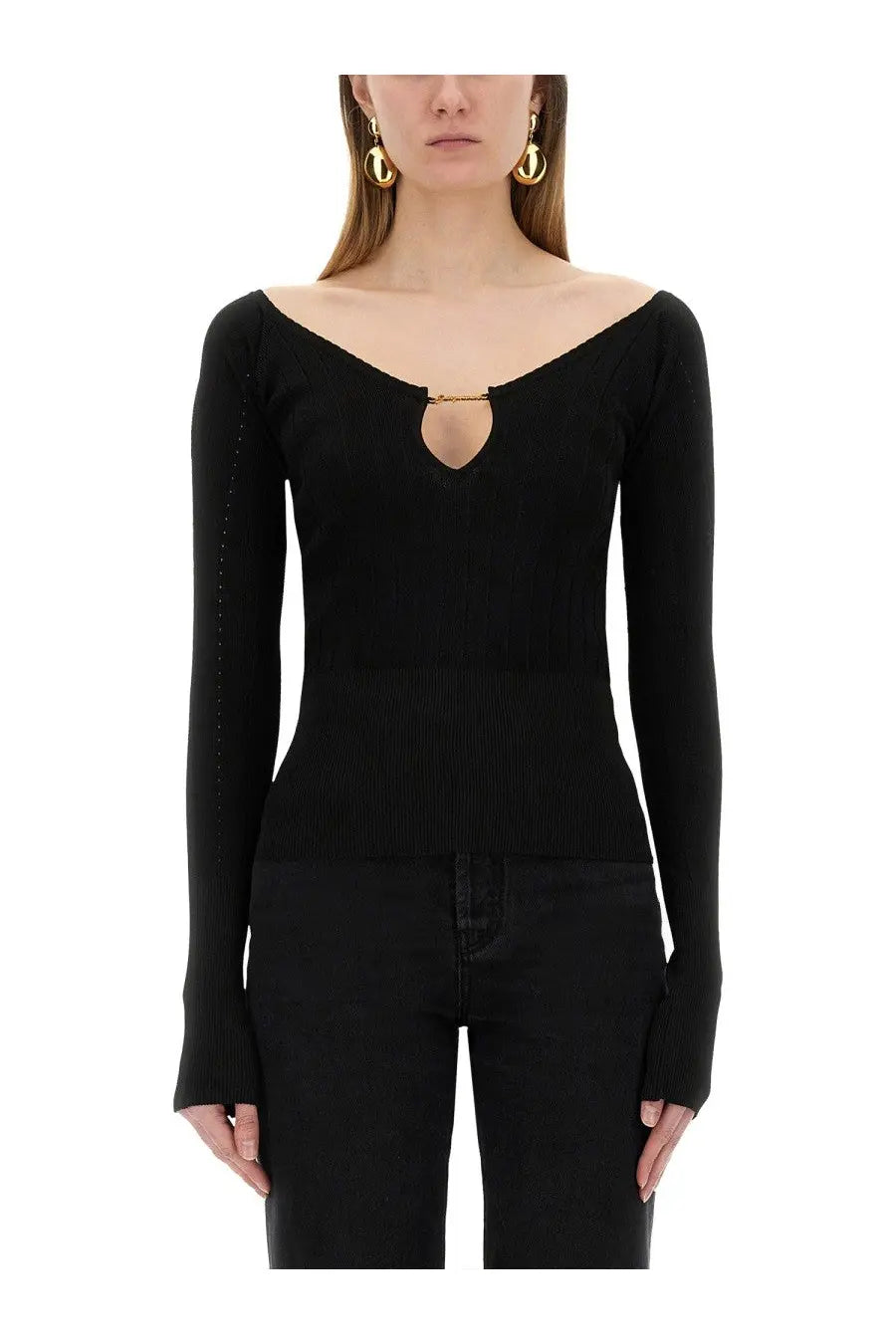 Jacquemus womens the top praluce black ribbed knit long-sleeved top with gold-tone keyhole clasp front