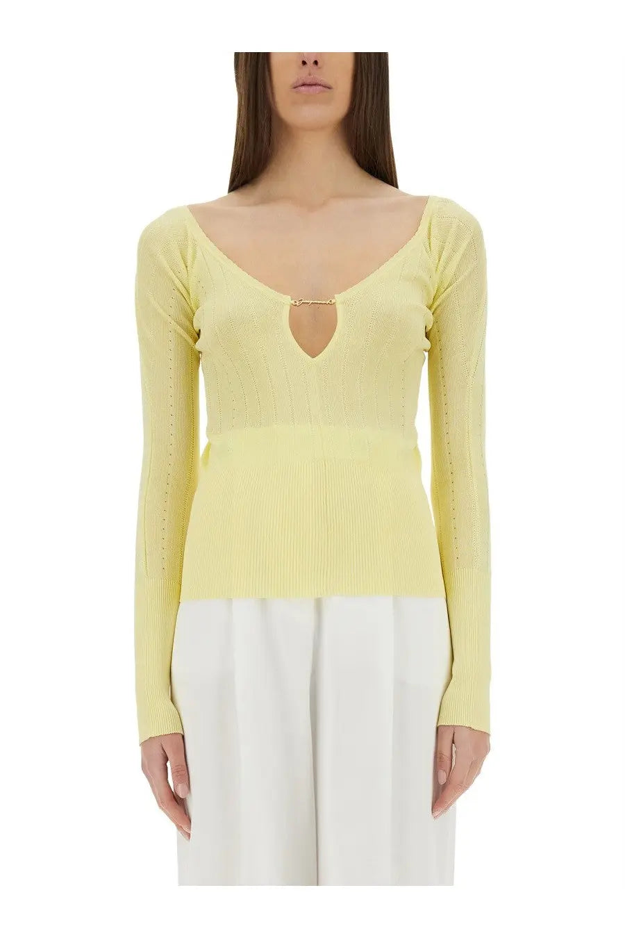 Jacquemus women’s the top praluce yellow pale yellow ribbed knit long-sleeved top with keyhole neckline and gold clasp