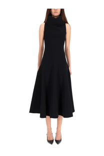 Jacquemus women’s black triangle dress is a sleeveless high-neck midi dress with a flared skirt and tailored fit