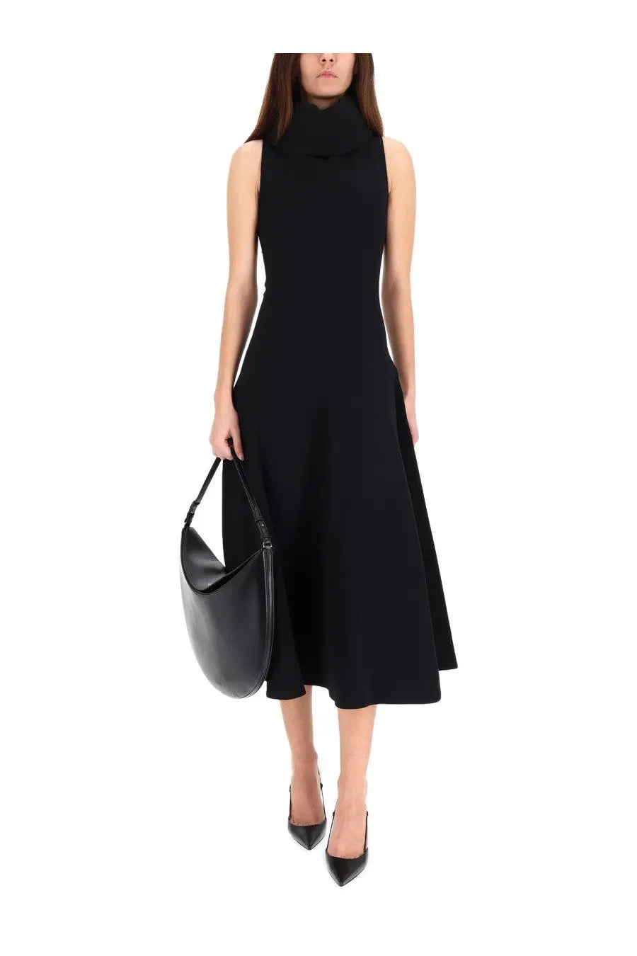 Jacquemus women’s triangle dress black sleeveless high neck midi dress with fitted bodice and flared skirt