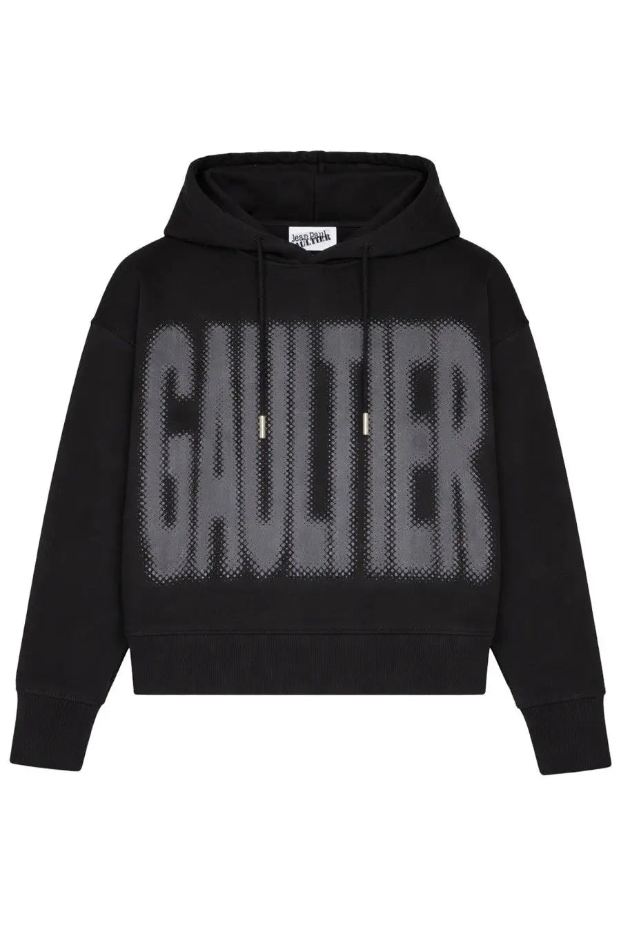 Black cropped hoodie felpa con by jean paul gaultier with bold gray pixelated gaultier lettering on chest