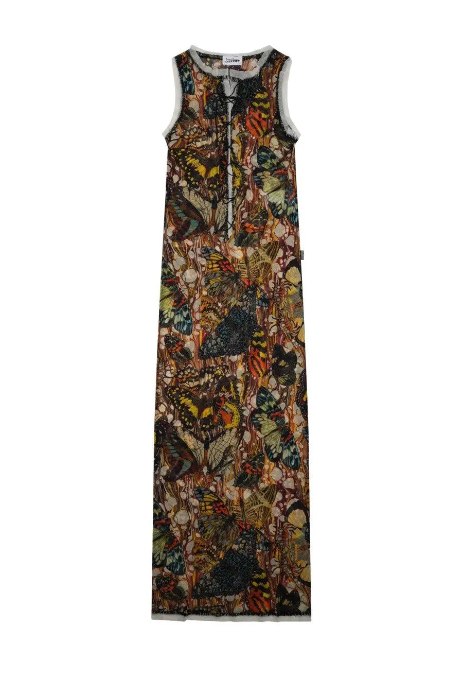 Jean Paul Gaultier women’s sleeveless floor-length dress with multicolor butterfly print and black white trim details