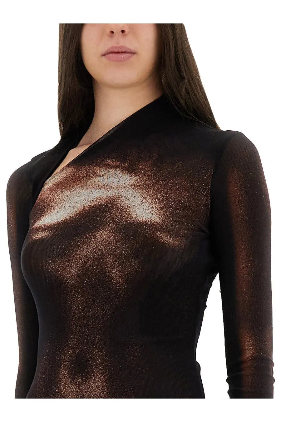 Jean Paul Gaultier women’s body dust print dress in brown featuring a shimmering black and bronze metallic long-sleeved top