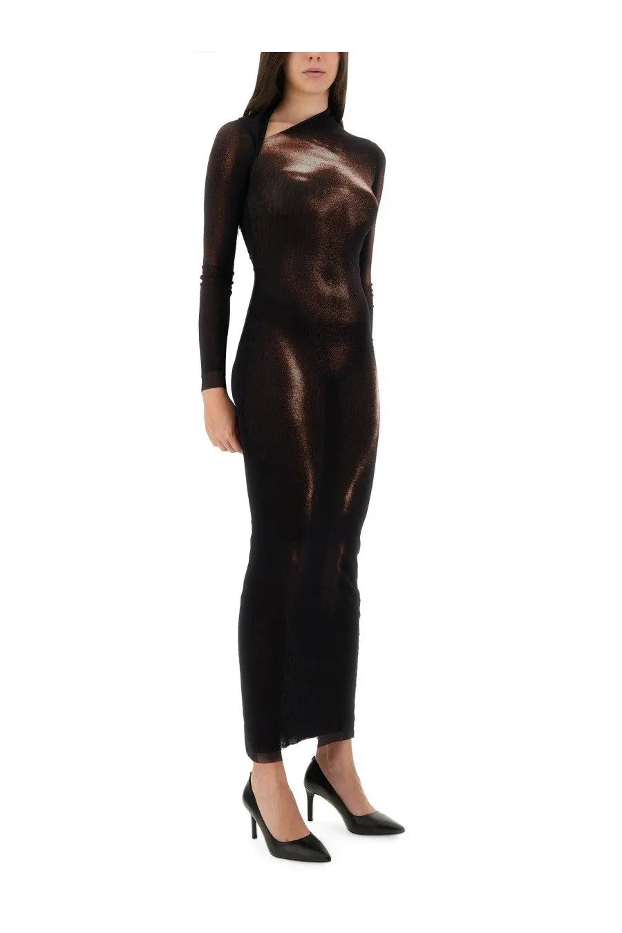 Jean Paul Gaultier women’s black metallic long-sleeved body dust print dress with high neckline and subtle sheen
