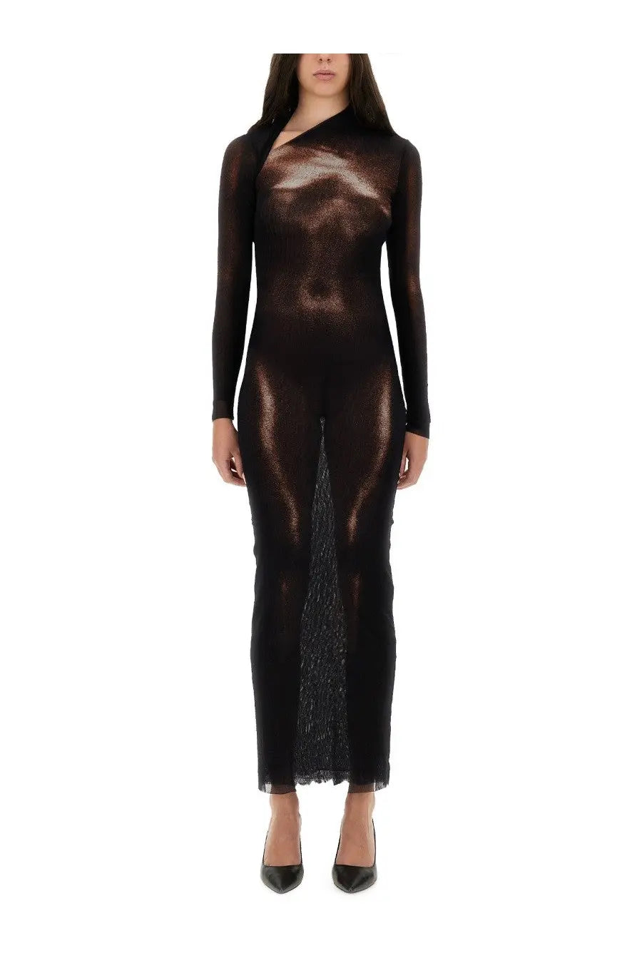 Jean Paul Gaultier women’s body dust print dress brown sleek long sleeve form-fitting with shimmering metallic sheen