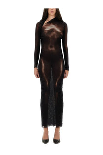 Jean Paul Gaultier women’s body dust print dress brown sleek long sleeve form-fitting with shimmering metallic sheen
