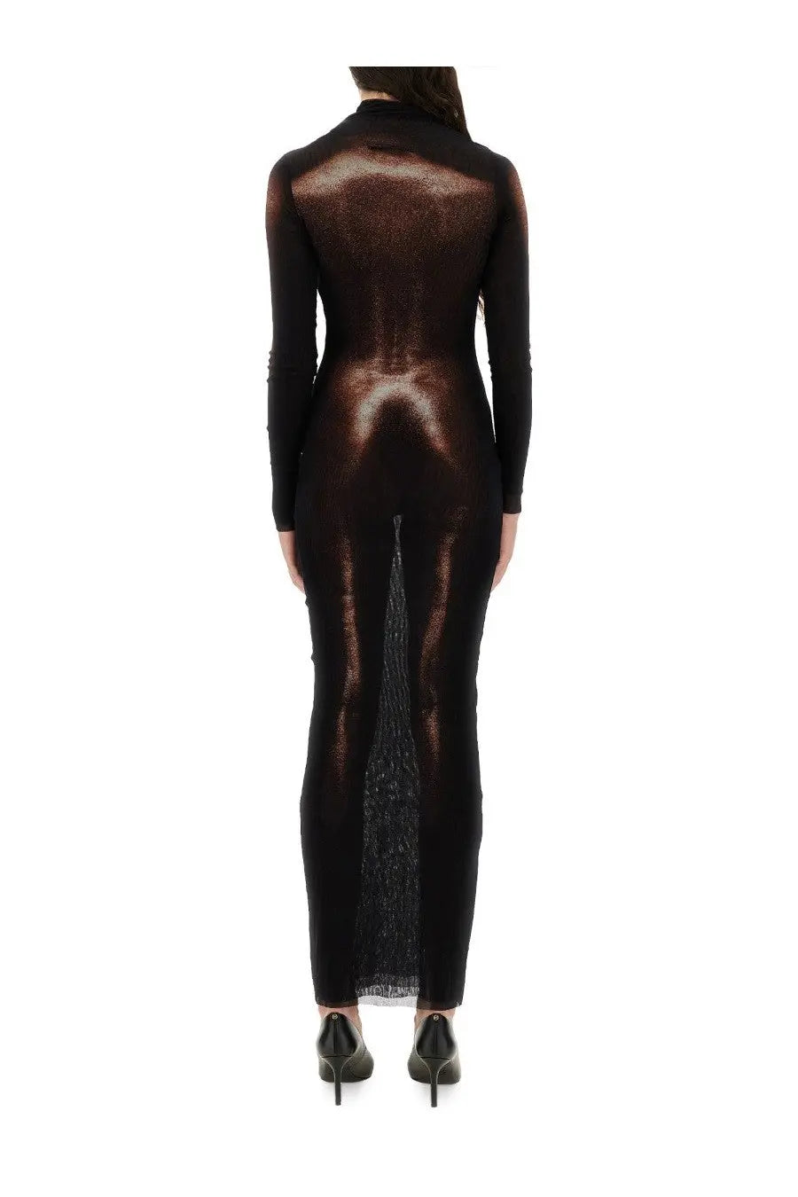 Jean Paul Gaultier women’s black sheer long-sleeved bodycon dress with high neckline and front slit