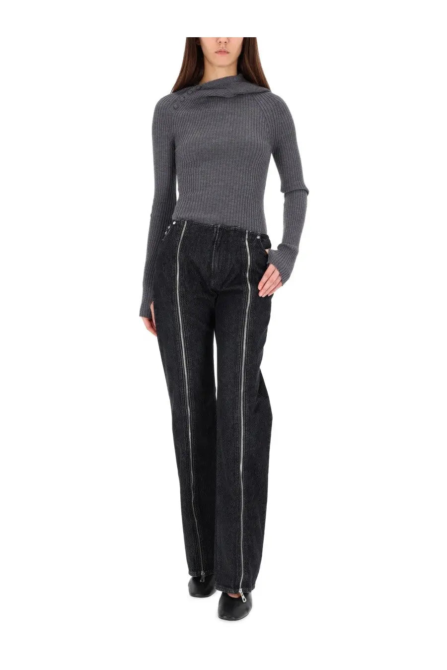 Dark gray ribbed knit long-sleeve top with high collar paired with jean paul gaultier women’s double zipper black pants