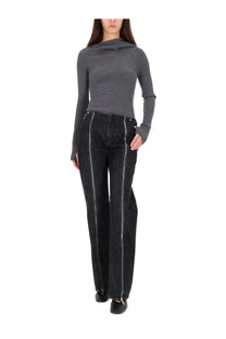 Dark gray ribbed knit long-sleeve top with high collar paired with jean paul gaultier women’s double zipper black pants
