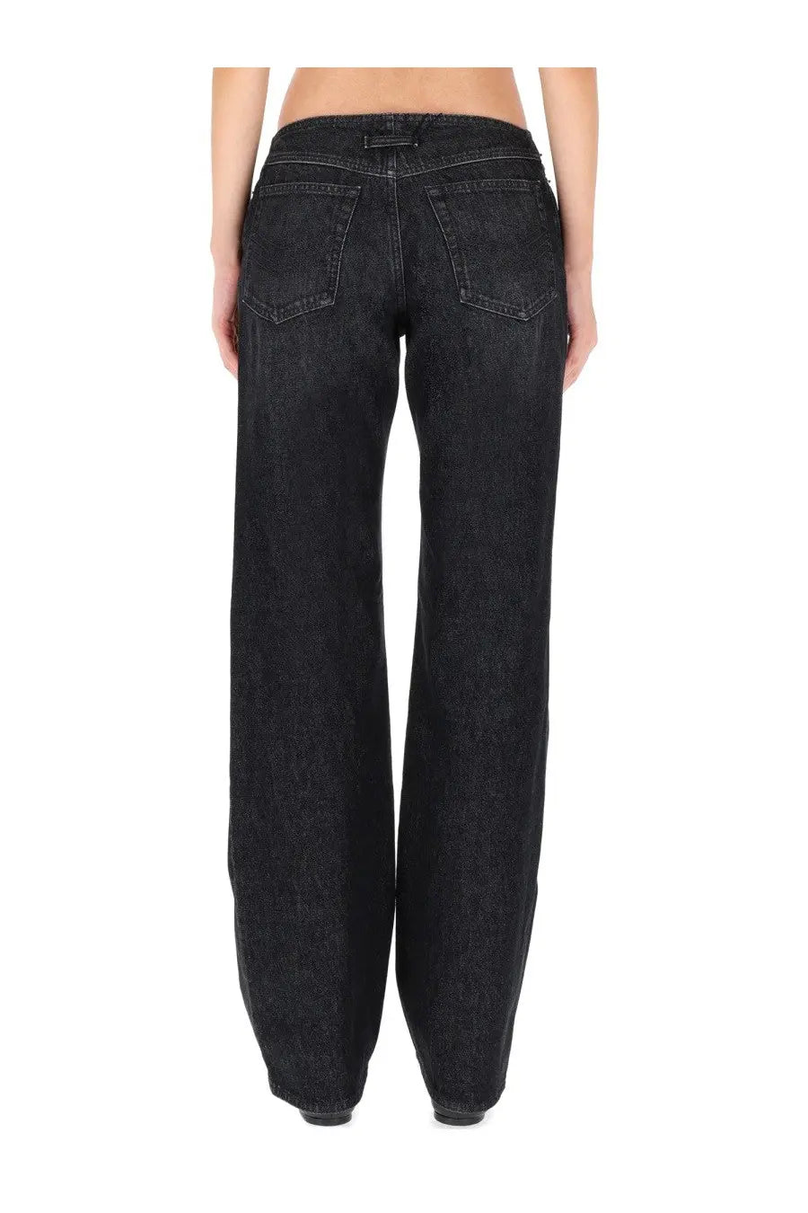 Jean Paul Gaultier women’s black wide-leg denim jeans with relaxed fit and classic back pockets shown from the back