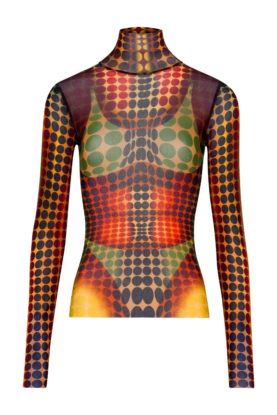 Jean Paul Gaultier women’s sheer long-sleeved high neck top with vibrant orange red green and black circular patterns