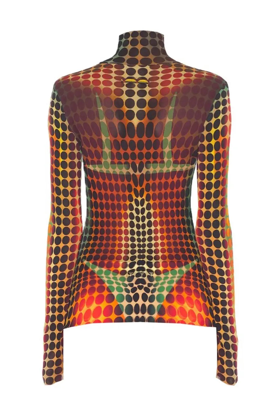 Jean Paul Gaultier women’s high neck top in vibrant multicolor with bold geometric concentric circles pattern