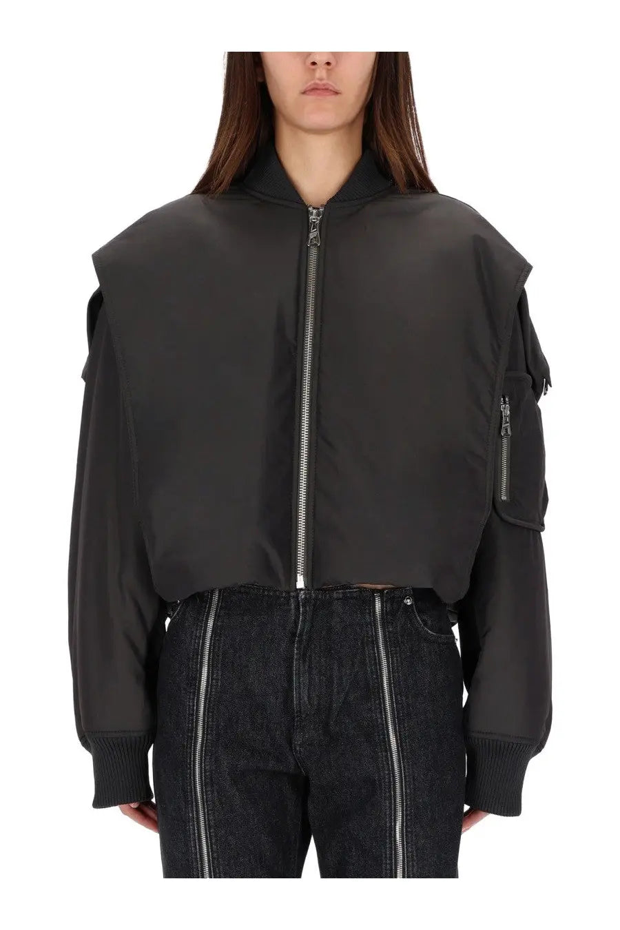 Jean Paul Gaultier women’s black cropped bomber jacket with structured shoulders and silver zippers