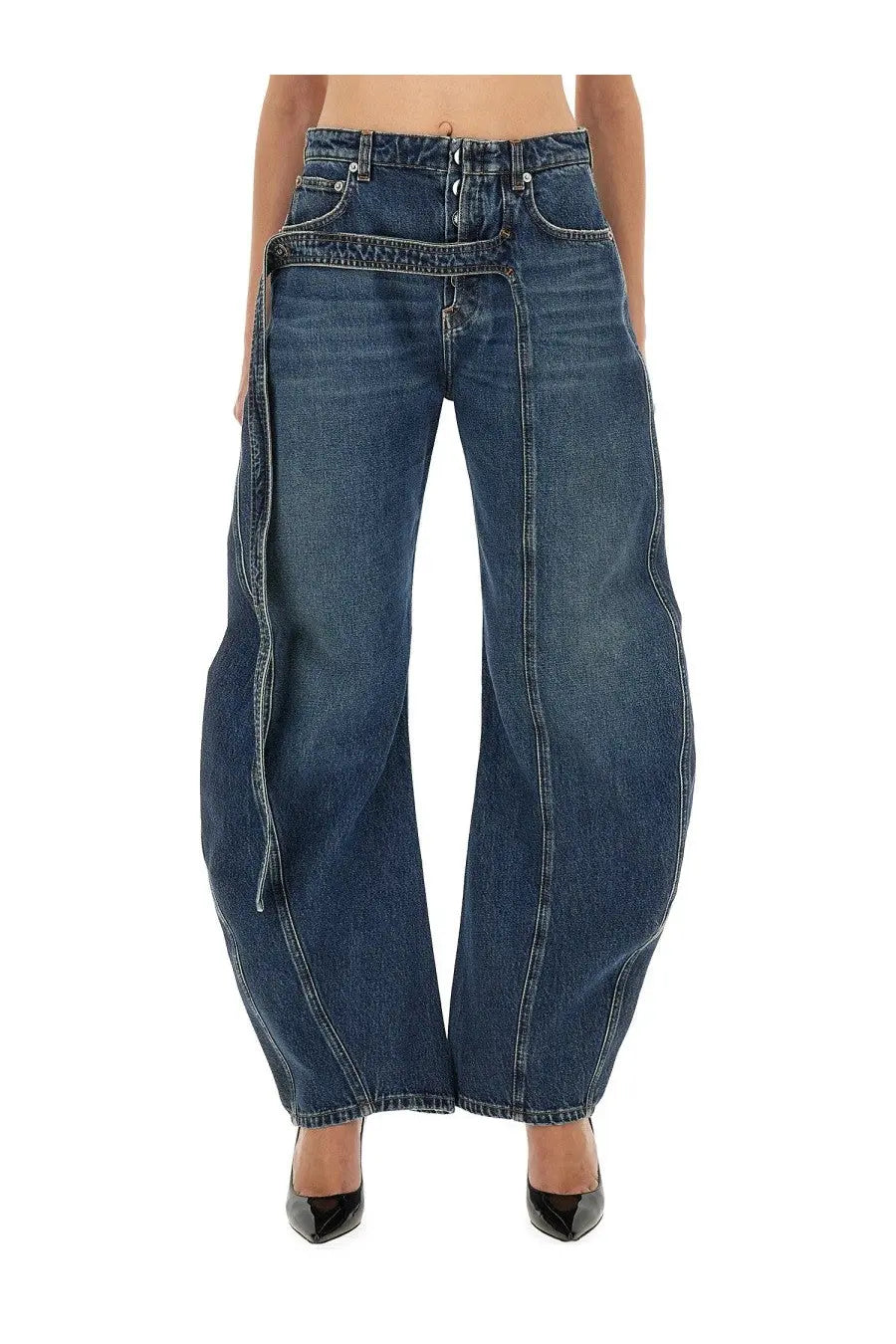 Jean Paul Gaultier women’s low rise dark blue denim jeans with wide-leg cut and distinctive side slit design