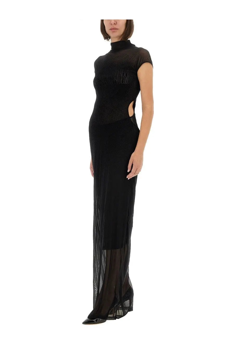 Black high-necked jean paul gaultier women’s gown with sheer mesh panels and cut-out details