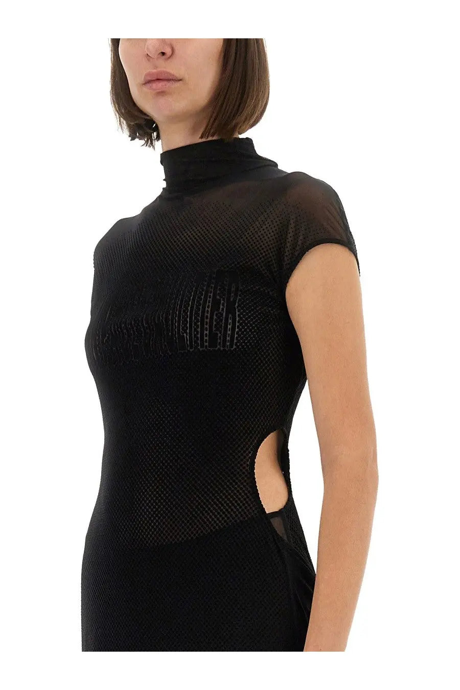 Jean Paul Gaultier women’s black mesh dress with high neckline short sleeves and intricate vertical stitching on bodice
