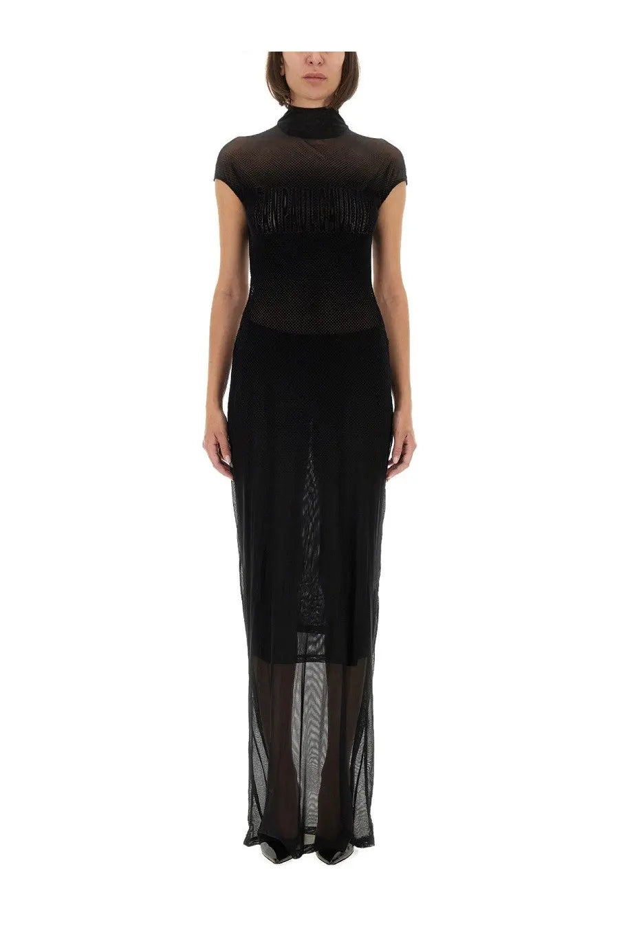 Jean Paul Gaultier women’s black mesh dress with short sleeves high neckline and delicate fringe detailing